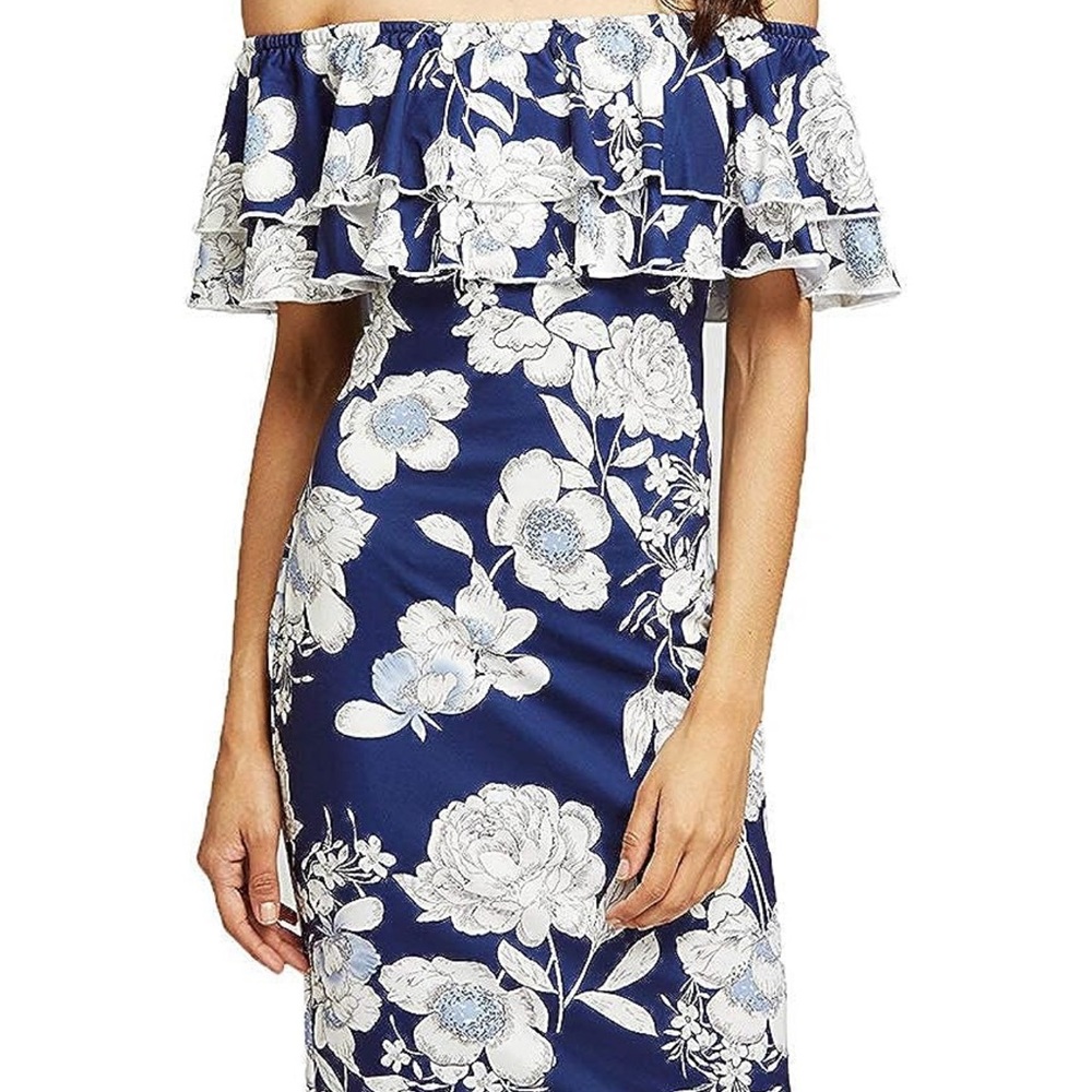 Off the shoulder ruffle blue/white floral print bodycon dress Women’s size M